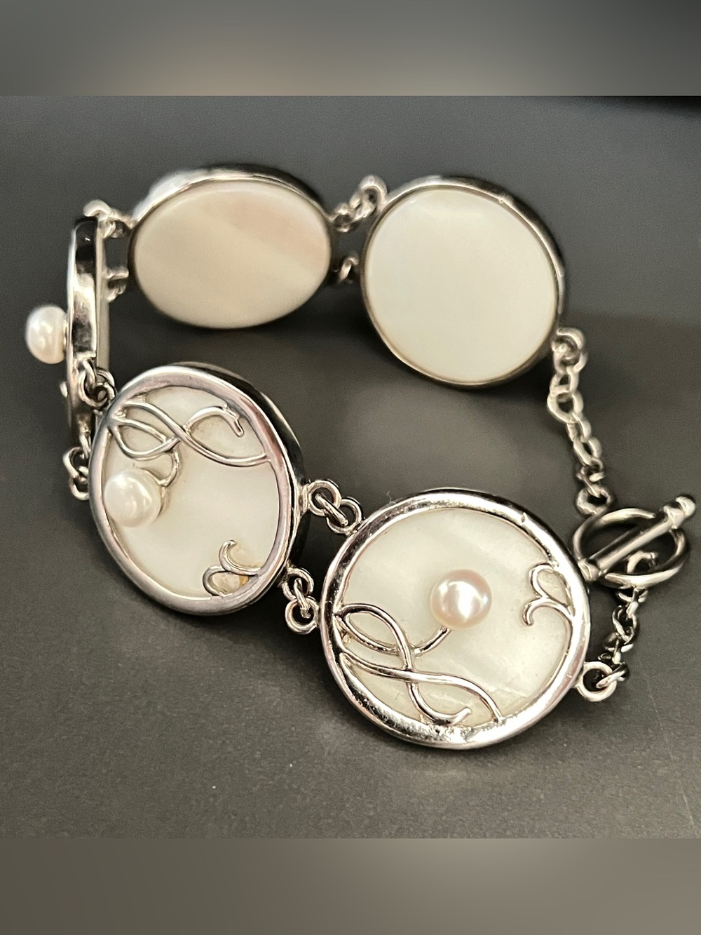 Heavy Vintage Statement 925 Silver Mother of Pearl & Pearl Link Bracelet 33g